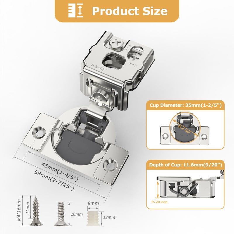 Furniware 10 Pieces 1-5/16 inch Overlay Soft Close Cabinet Hinges for Face Frame Cabinet, Stainless Steel, 105Â° Opening Angle, Concealed Self Closing Door Hinges- 3 Way Adjustment - Image 4